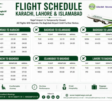 Latest Iraqi Airways flight schedule between Baghdad, Karachi, Lahore and Islamabad